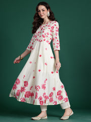 Off White Printed A-Line Kurta Trousers With Dupatta Set