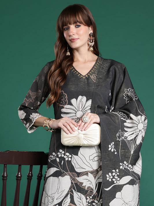 Yellow Embroidered Straight Kurta Trousers With Dupatta set