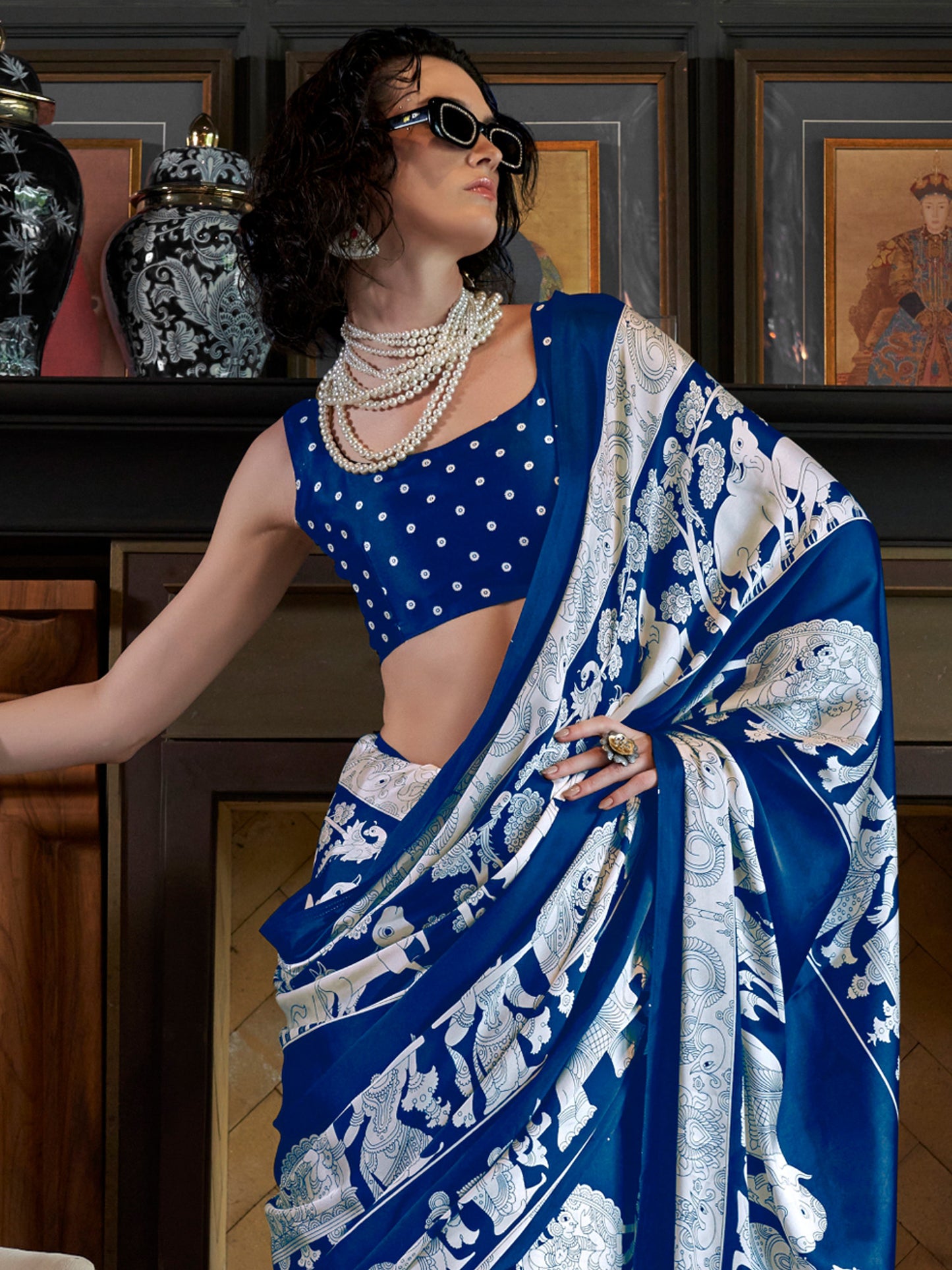 Women's Crepe Blue Printed Designer Saree With Blouse Piece