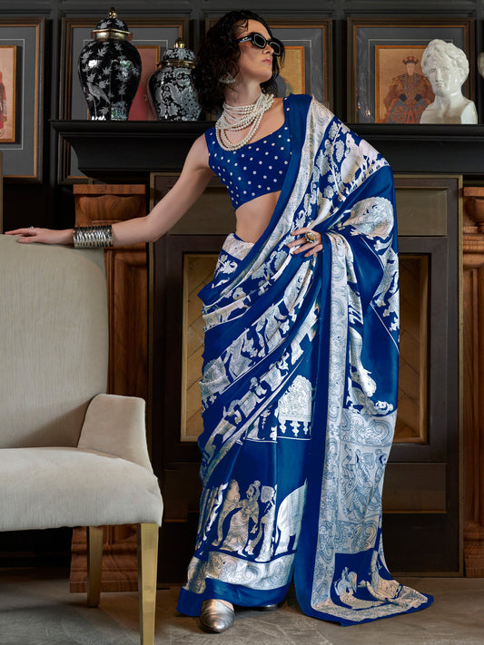 Women's Crepe Blue Printed Designer Saree With Blouse Piece