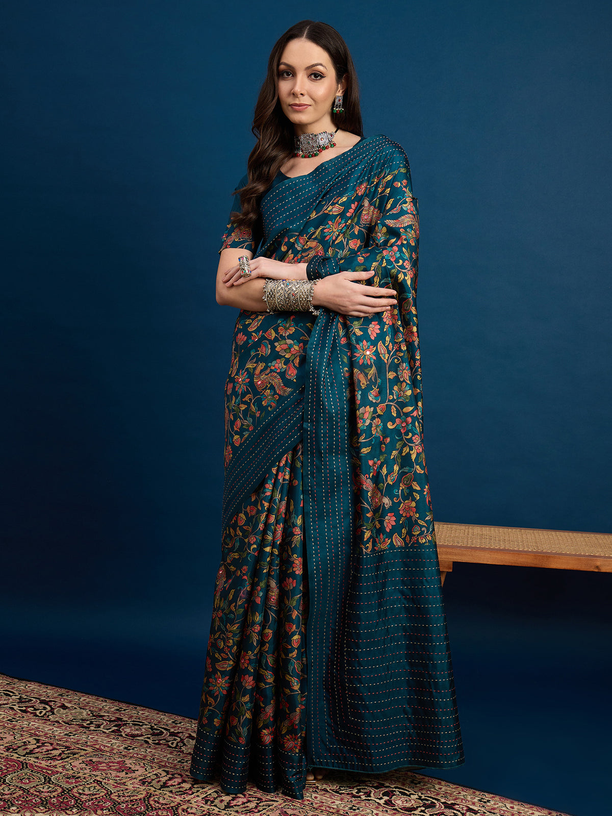 Women's Silk Blend Teal blue Printed Designer Saree With Blouse Piece