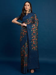 Women's Silk Blend Teal blue Printed Designer Saree With Blouse Piece