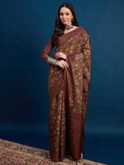 Women's Silk Blend Teal blue Printed Designer Saree With Blouse Piece