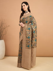 Women's Silk Blend Beige Printed Designer Saree With Blouse Piece