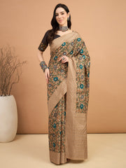 Women's Silk Blend Beige Printed Designer Saree With Blouse Piece