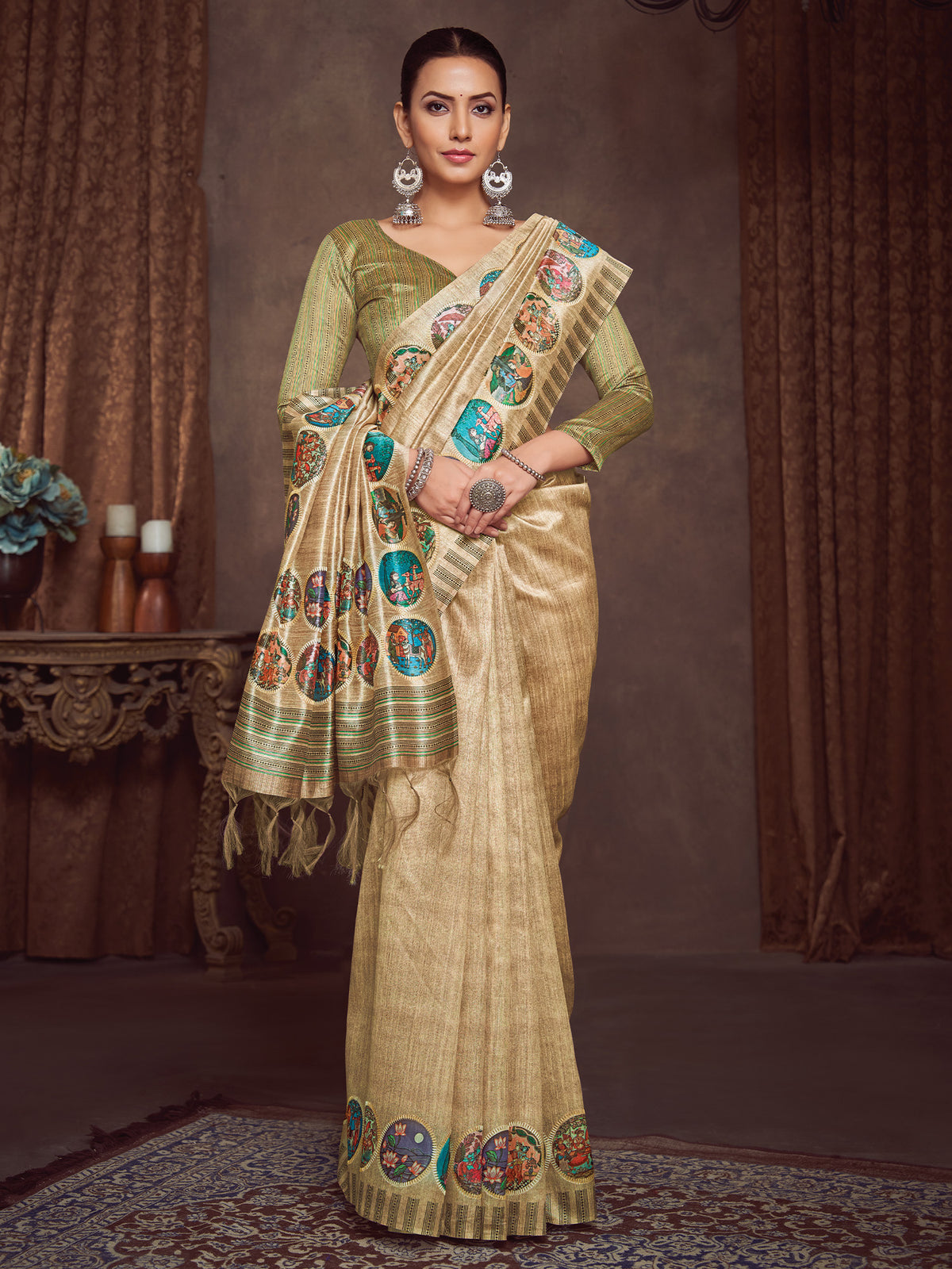 Women's Silk Cotton Beige Embroidered Designer Saree With Blouse Piece
