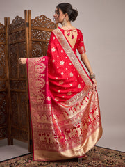 Women's Satin Silk Red Woven Design Designer Saree With Blouse Piece