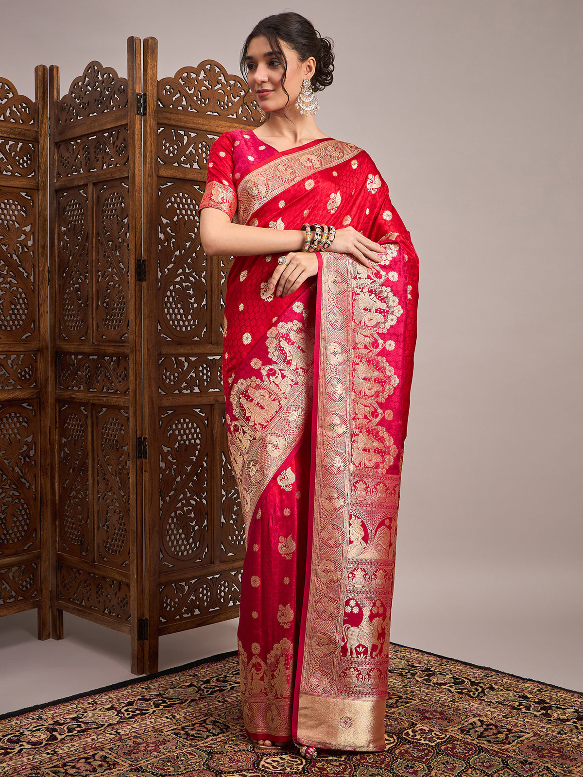 Women's Satin Silk Red Woven Design Designer Saree With Blouse Piece