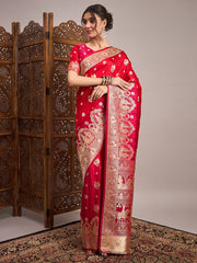 Women's Satin Silk Red Woven Design Designer Saree With Blouse Piece