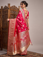 Women's Satin Silk Red Woven Design Designer Saree With Blouse Piece
