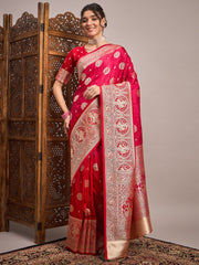 Women's Satin Silk Red Woven Design Designer Saree With Blouse Piece