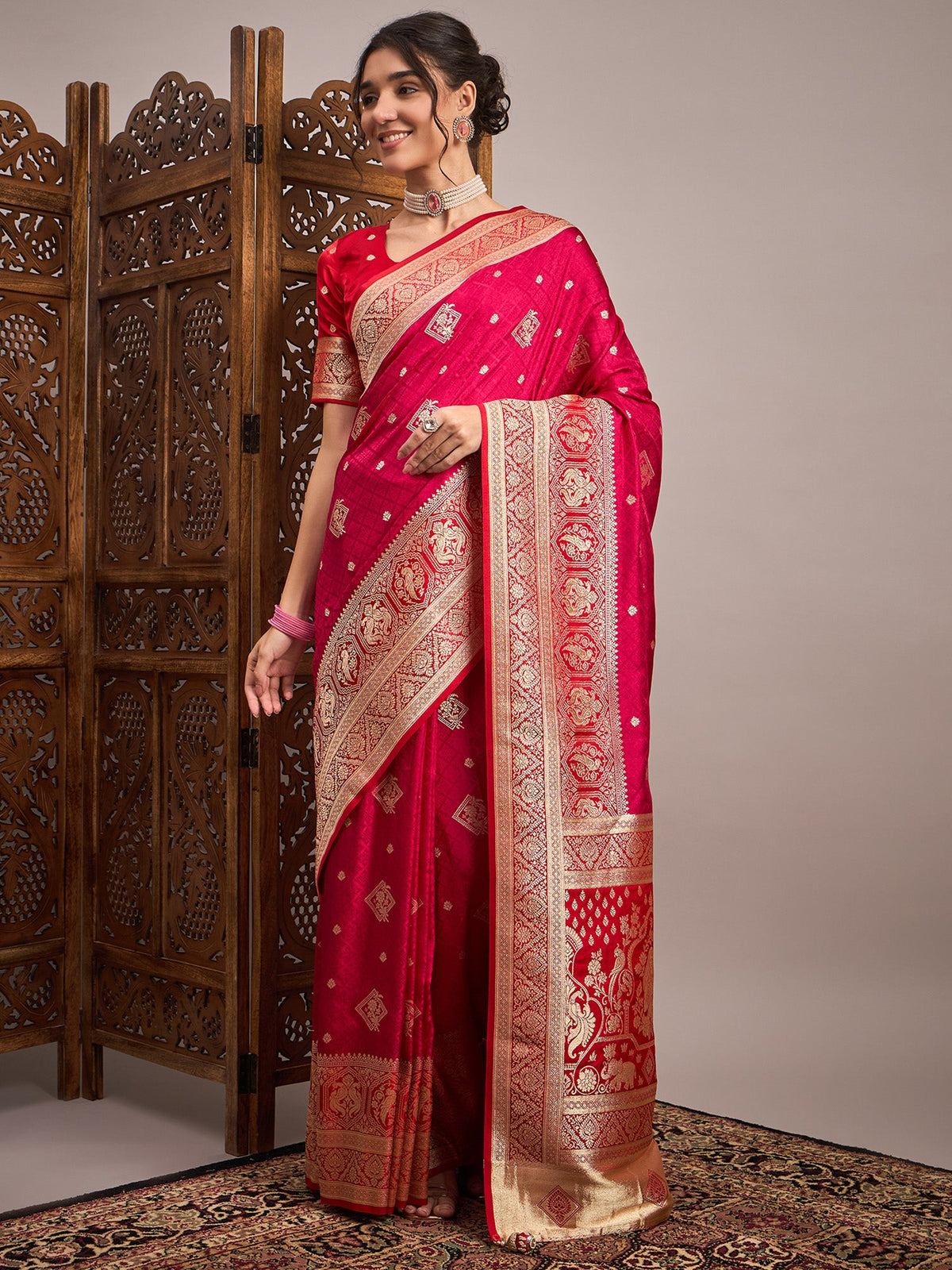 Women's Satin Silk Pink Woven Design Designer Saree With Blouse Piece