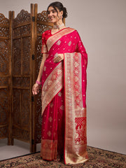 Women's Satin Silk Pink Woven Design Designer Saree With Blouse Piece