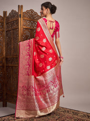 Women's Satin Silk Pink Woven Design Designer Saree With Blouse Piece