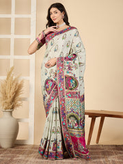 ساري نسائي من الفسكوز الحريري بلون أخضر بحري، بتصميم منسوج، مع قطعة بلوزة.