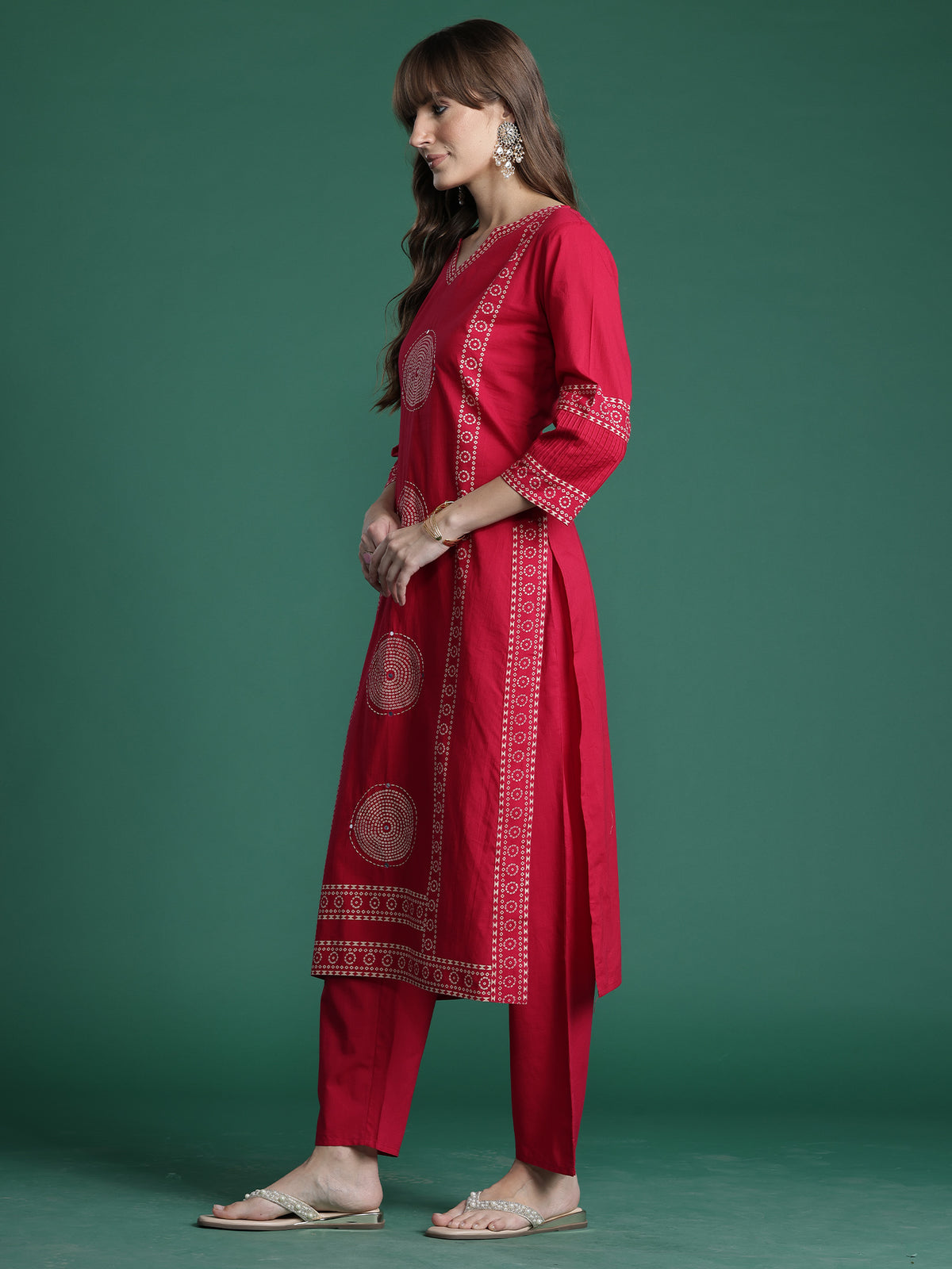 Pink Printed Straight Kurta Trousers With Dupatta Set-KH0RP10155