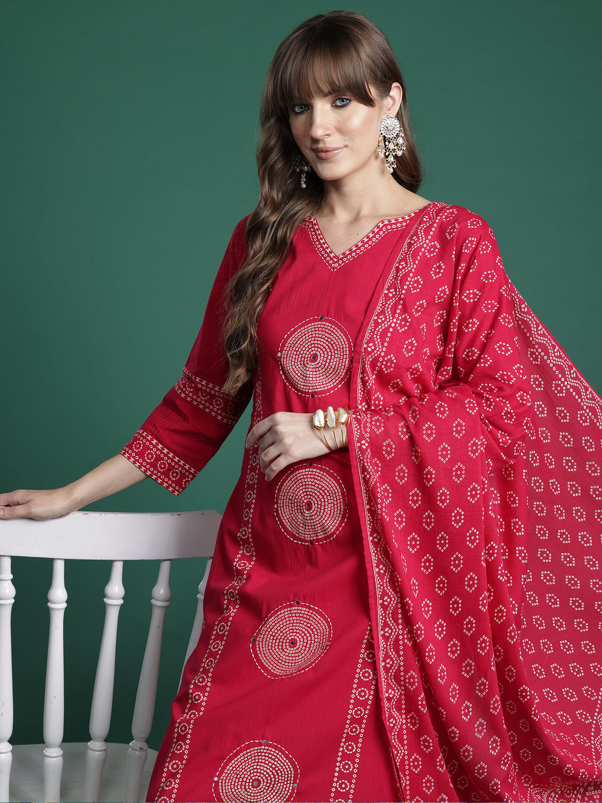 Pink Printed Straight Kurta Trousers With Dupatta Set-KH0RP10155