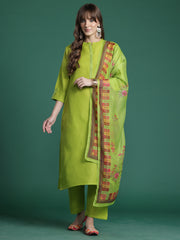 Green Printed A-Line Kurta Trousers With Dupatta Set