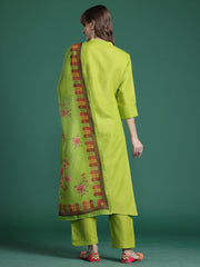 Green Printed A-Line Kurta Trousers With Dupatta Set