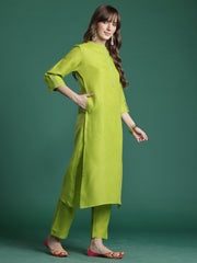 Green Printed A-Line Kurta Trousers With Dupatta Set