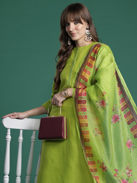 Green Printed A-Line Kurta Trousers With Dupatta Set