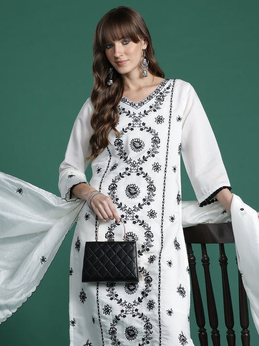 White Embroidered Straight Kurta Trousers With Dupatta Set