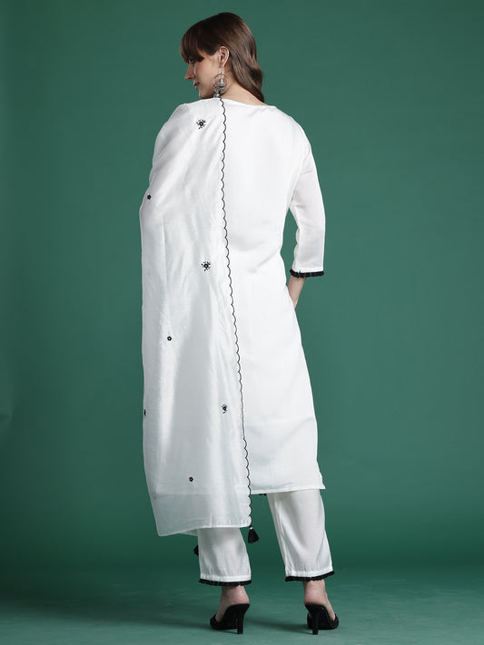 Purple Embroidered A-Line Kurta Trousers With Dupatta set
