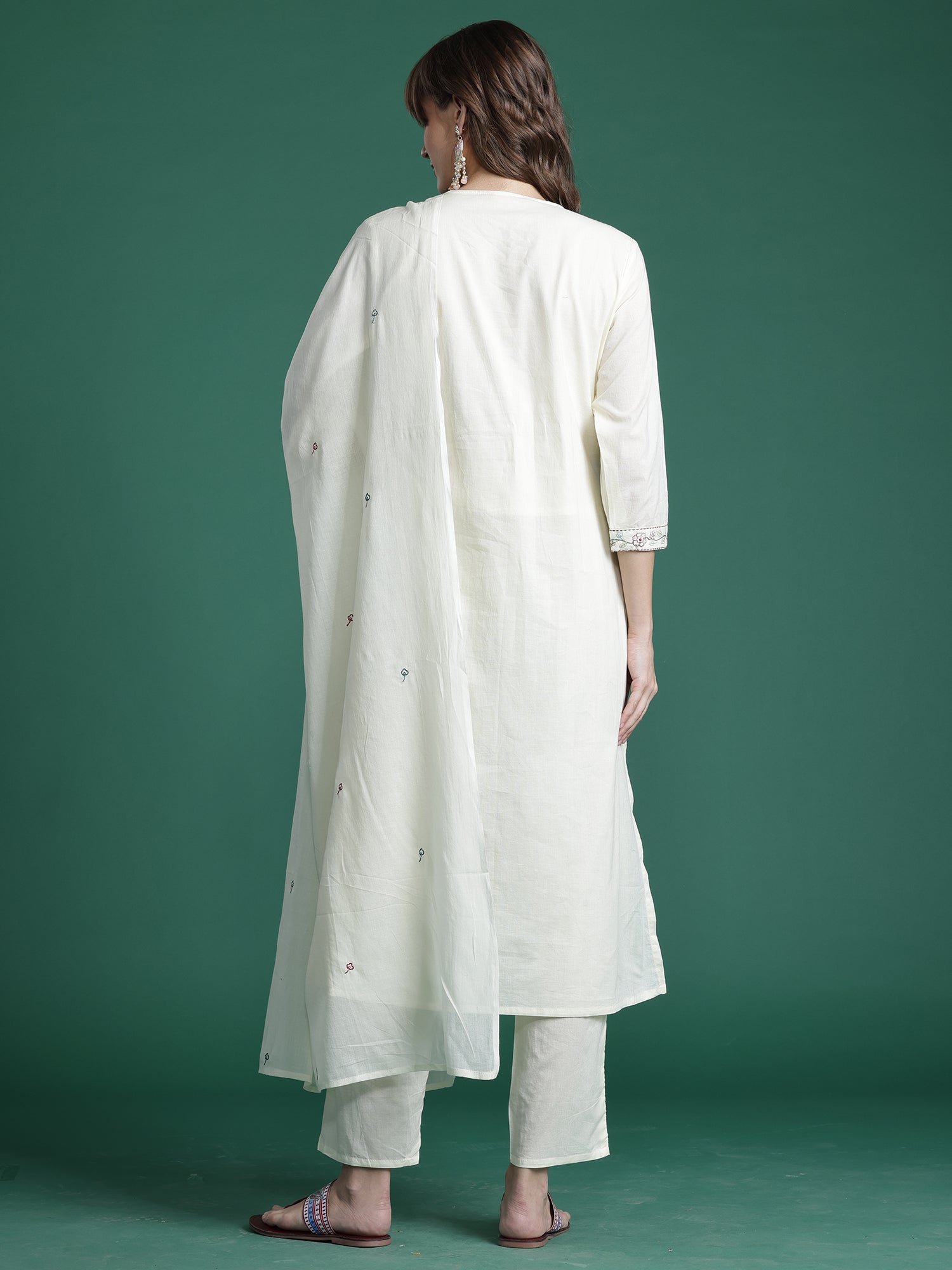 Off White Embroidered A-Line Kurta Trousers With Dupatta Set