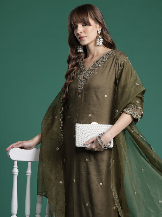 Purple Woven Design Straight Kurta Trousers With Dupatta Set
