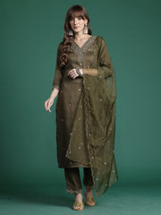 Purple Woven Design Straight Kurta Trousers With Dupatta Set