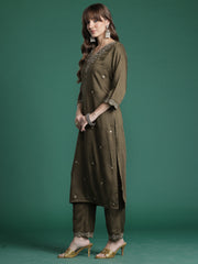 Purple Woven Design Straight Kurta Trousers With Dupatta Set