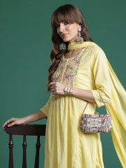 Yellow Embroidered A-Line Kurta Trousers With Dupatta Set