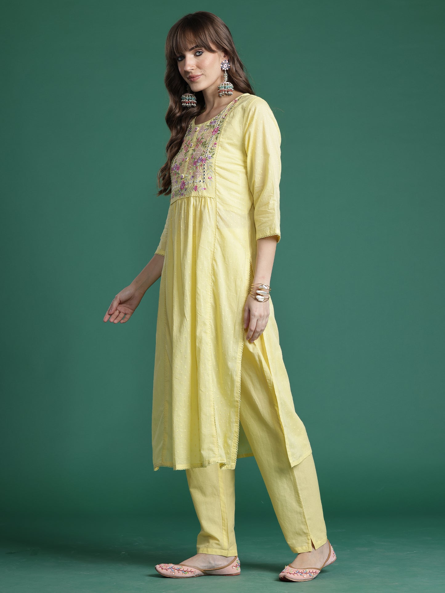 Yellow Embroidered A-Line Kurta Trousers With Dupatta Set