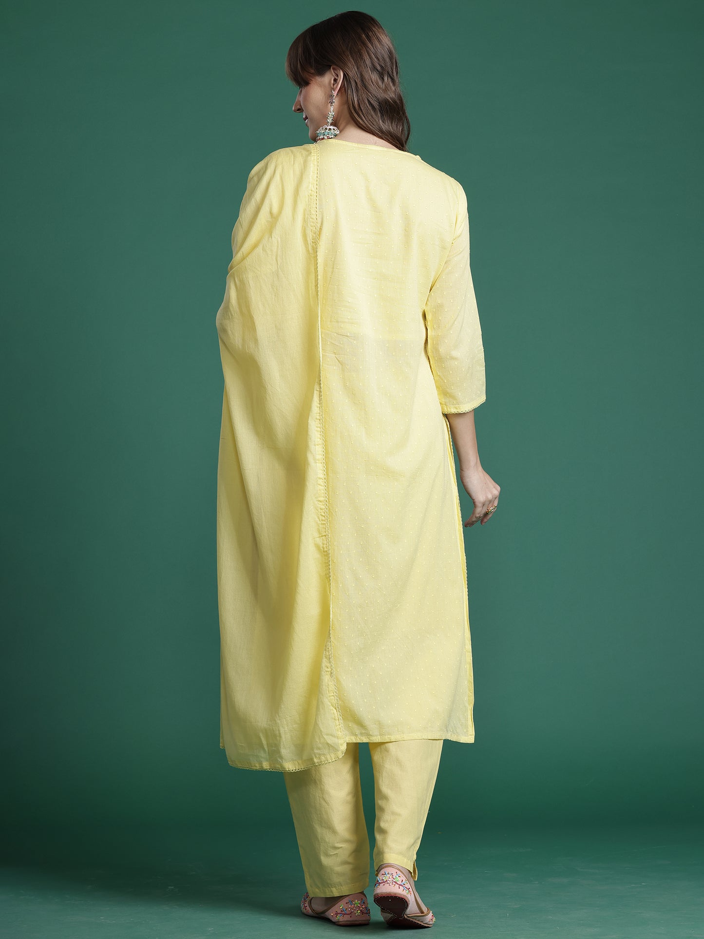 Yellow Embroidered A-Line Kurta Trousers With Dupatta Set