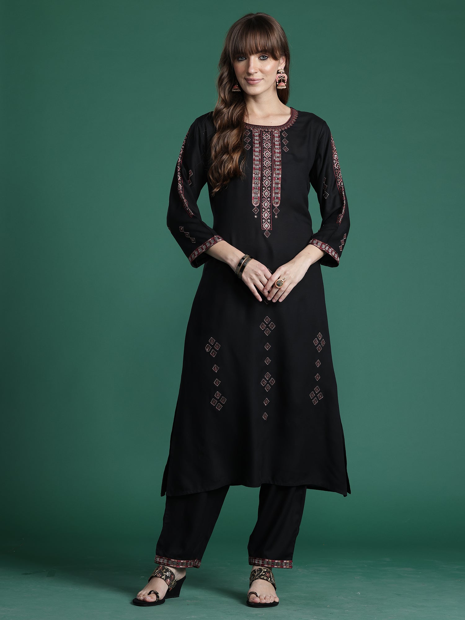 Black Embroidered Straight Kurta Trousers Set