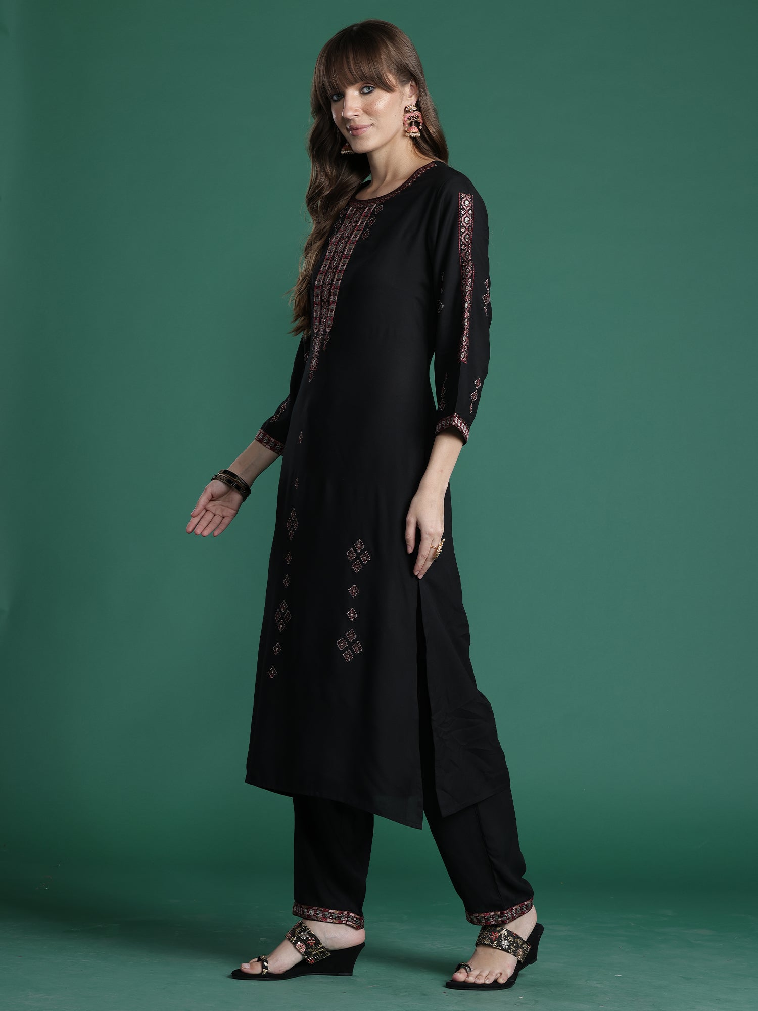 Black Embroidered Straight Kurta Trousers Set