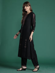 Black Embroidered Straight Kurta Trousers Set