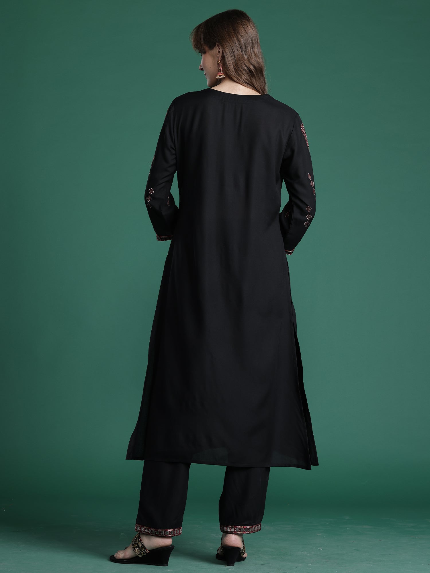 Black Embroidered Straight Kurta Trousers Set