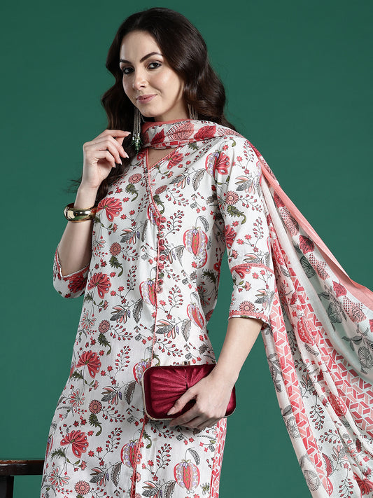 Rust Embroidered Straight Kurta Trousers With Dupatta set