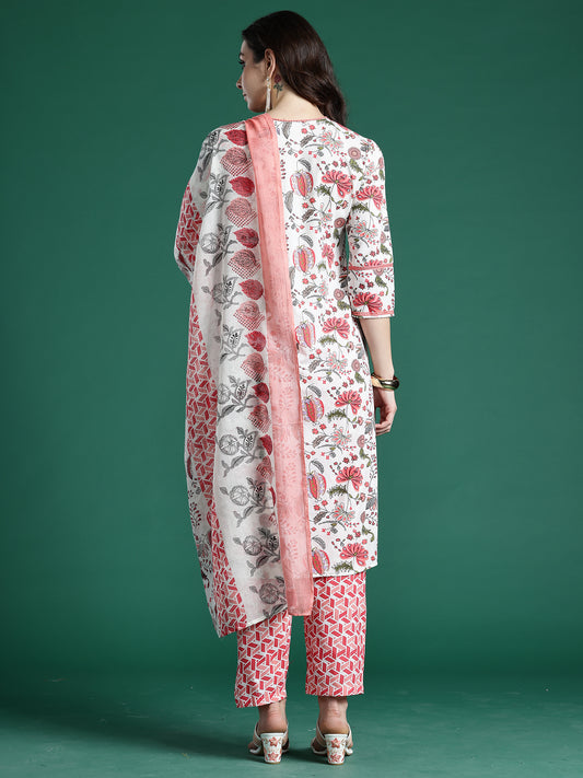 Rust Embroidered Straight Kurta Trousers With Dupatta set