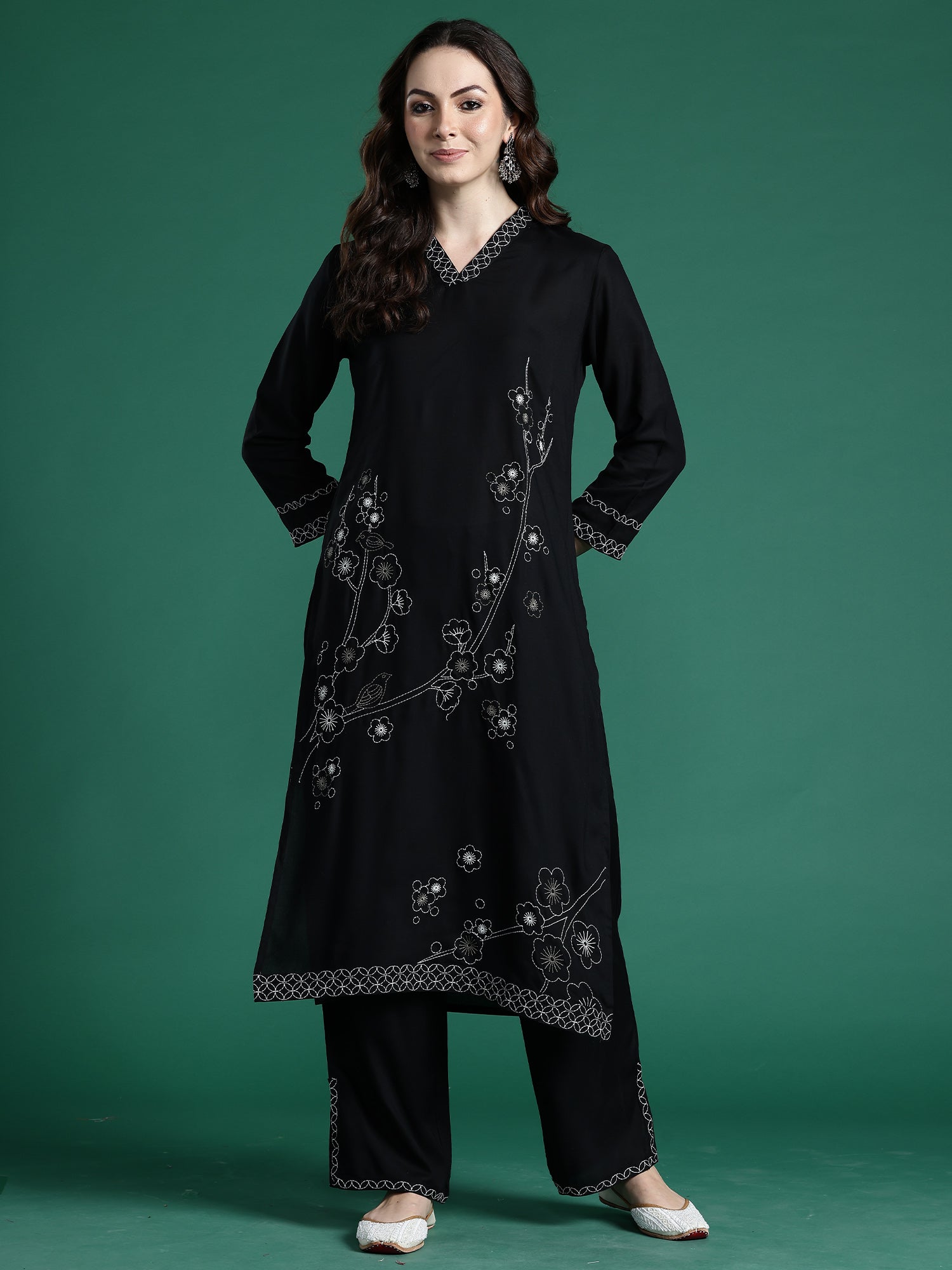 Black Embroidered Straight Kurta Trousers Set
