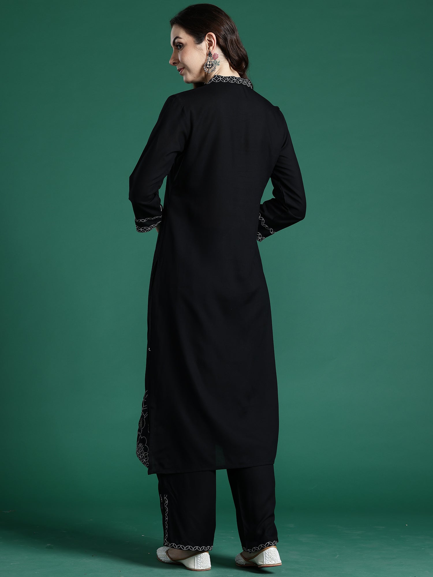 Black Embroidered Straight Kurta Trousers Set