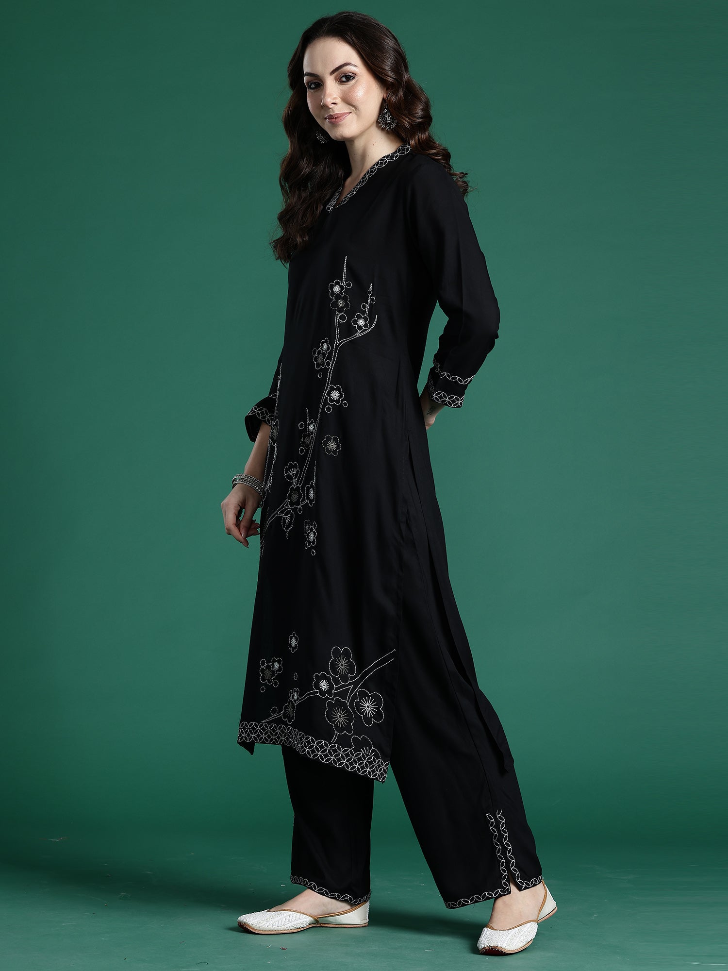 Black Embroidered Straight Kurta Trousers Set