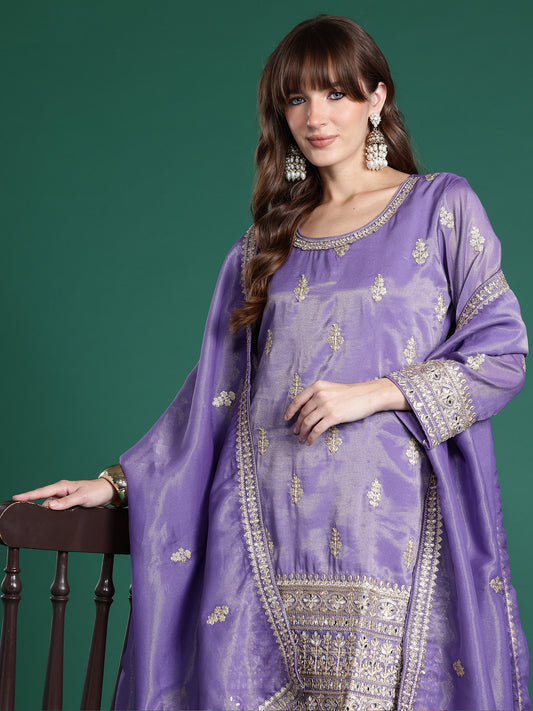 Lavender Embroidered Straight Kurta Palazzos With Dupatta Set