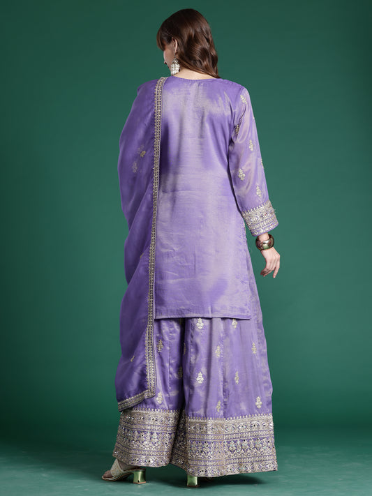 Lavender Embroidered Straight Kurta Palazzos With Dupatta Set