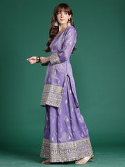Lavender Embroidered Straight Kurta Palazzos With Dupatta Set