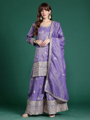Lavender Embroidered Straight Kurta Palazzos With Dupatta Set