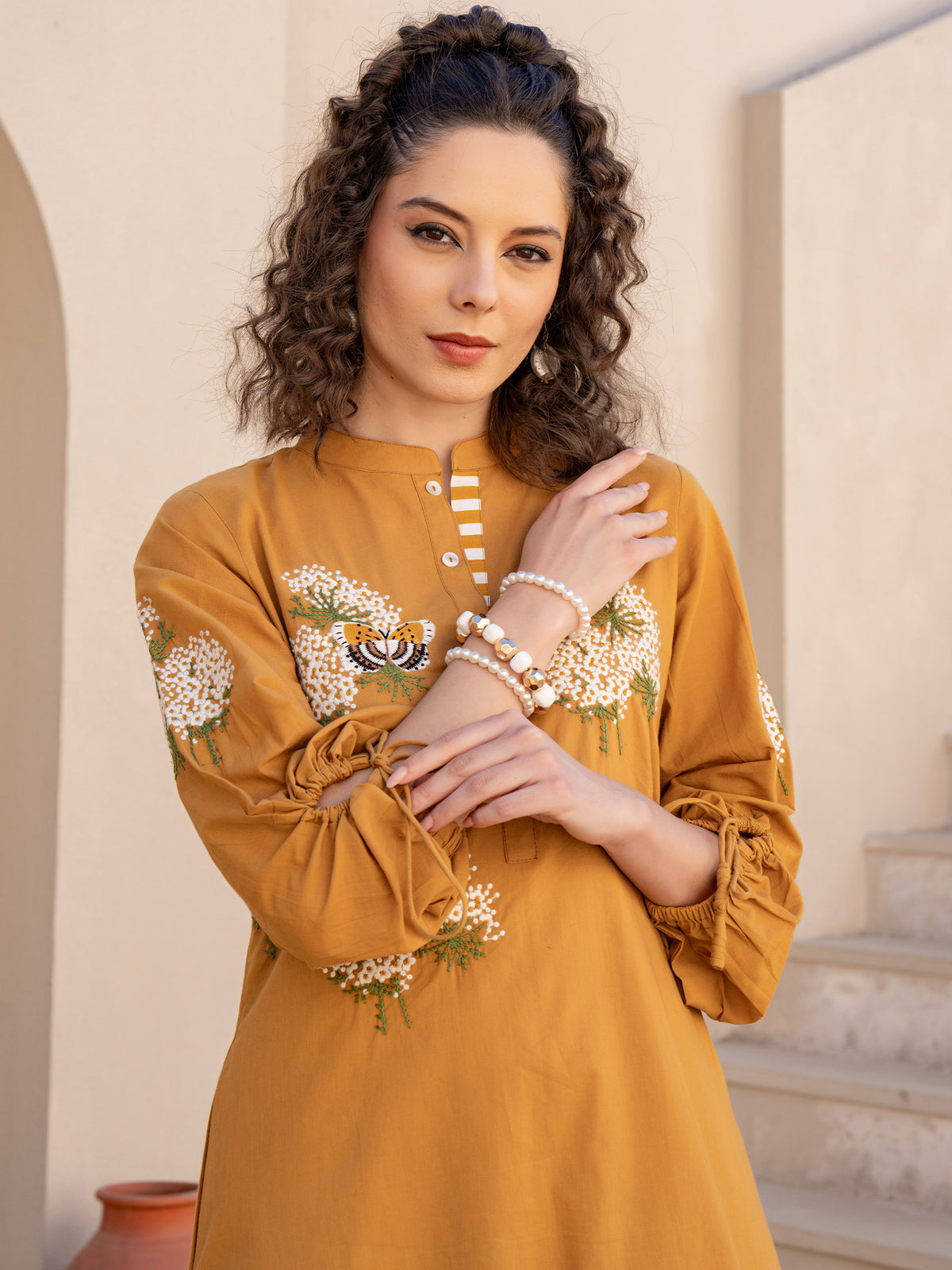 Mustard Embroidered Straight Kurta Trousers set