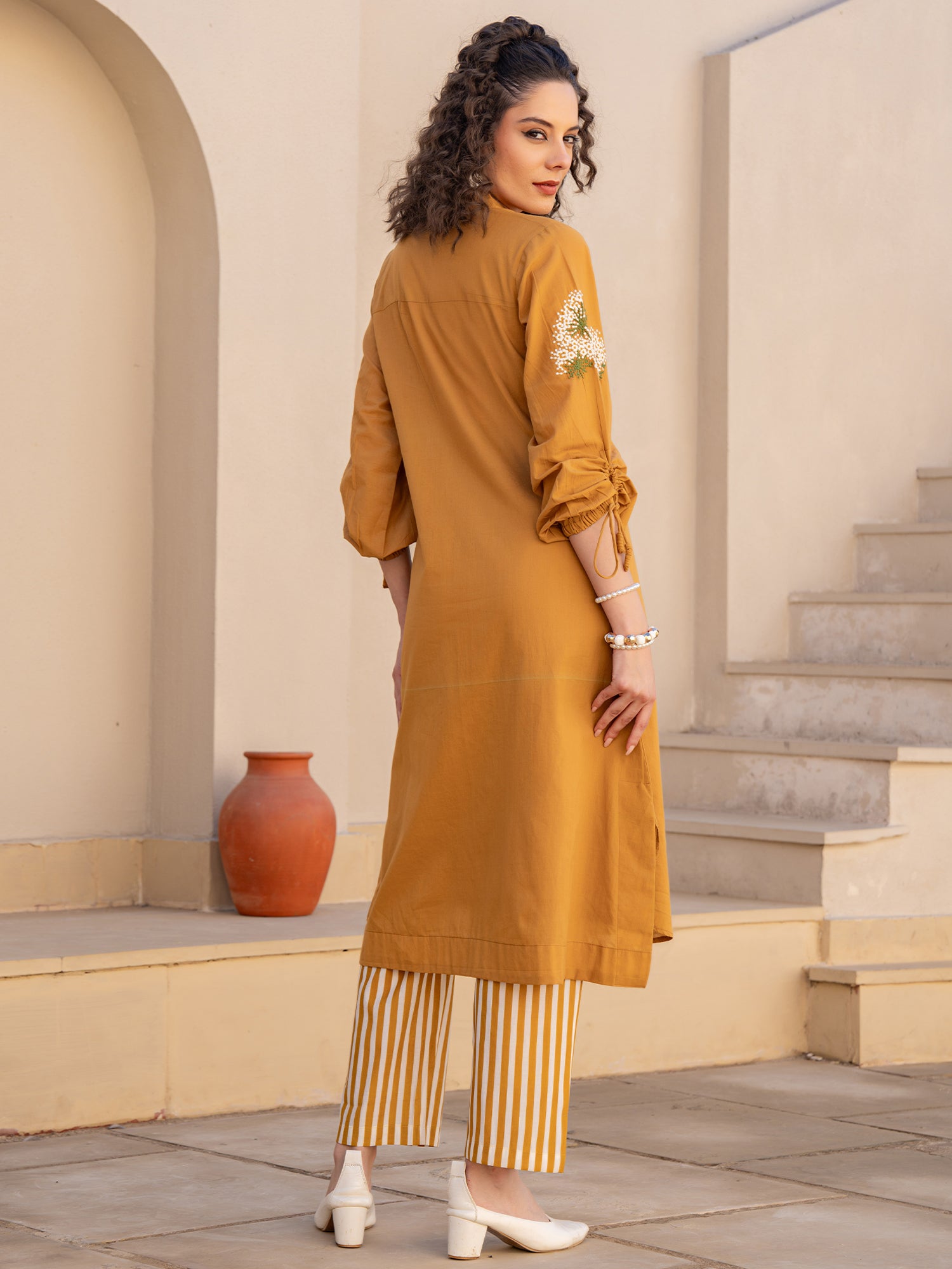 Mustard Embroidered Straight Kurta Trousers set