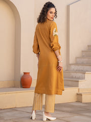 Mustard Embroidered Straight Kurta Trousers set